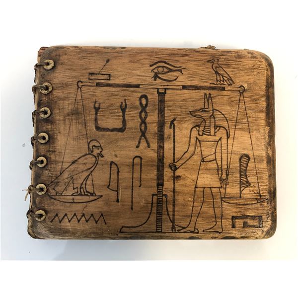 "Motherland: Fort Salem" - Egyptian motif wooden parchment book w/ hieroglyphics pages