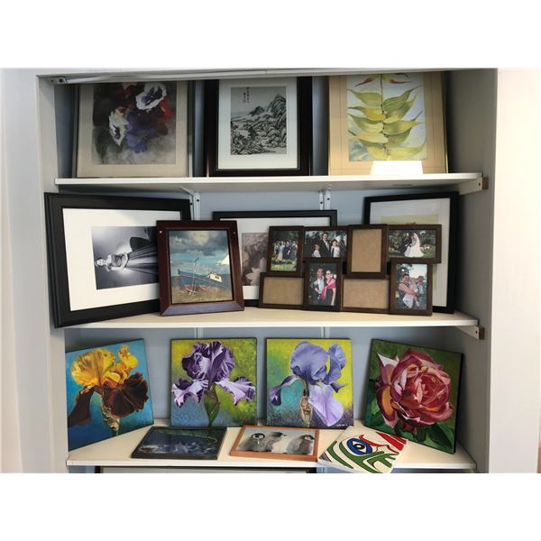 3 shelves of assorted framed pictures/ prints & original art (approx. 15 pcs)