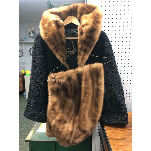 Custom made H. Rudolph black wool coat w/ fur-lined collar & fur shawl (2 pc set from movie set)