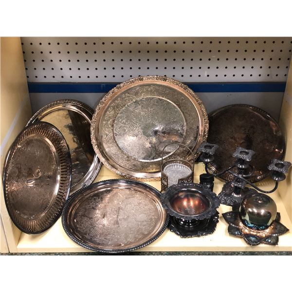 Shelf lot of assorted silver plate pieces - trays/ candle holder/ bowl etc.