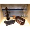 Image 1 : Group of 5 vintage items - oil lantern/ copper planter/ iron cow tray/ liquor decanter & wooden mort