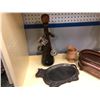 Image 2 : Group of 5 vintage items - oil lantern/ copper planter/ iron cow tray/ liquor decanter & wooden mort