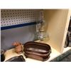 Image 3 : Group of 5 vintage items - oil lantern/ copper planter/ iron cow tray/ liquor decanter & wooden mort