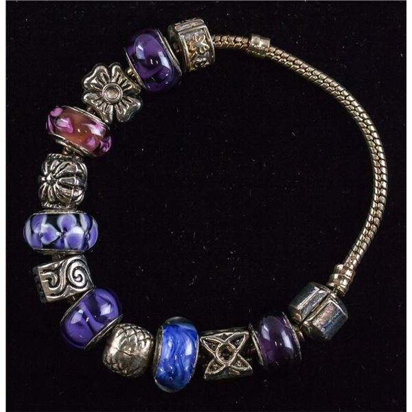 Silver Bracelet with Blue and Purple Charms