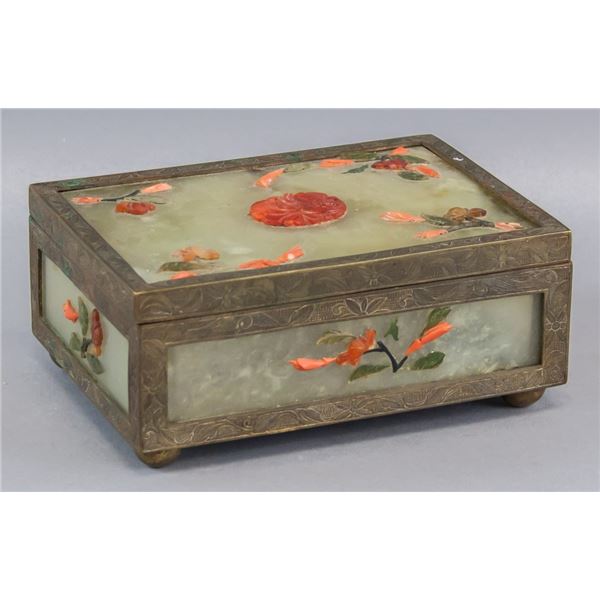 Chinese Inlaid Jade Carved Jewelry Square Box