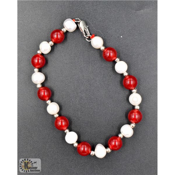 #145- FRESH WATER PEARL& RED JADE  BRACELET