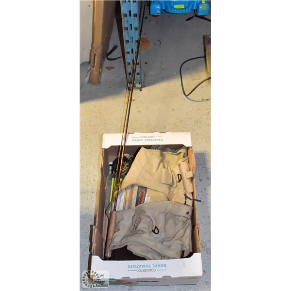 FLY FISHING ROD, REEL, VEST, LINE, HIP WADERS