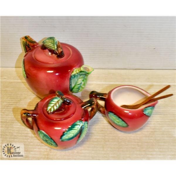 APPLE THEMED TEAPOT, CREAMER + SUGAR DISHES + 2