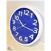 Image 1 : NEW WHITE/BLUE ROUND WALL CLOCK, BATTERY OPERATED