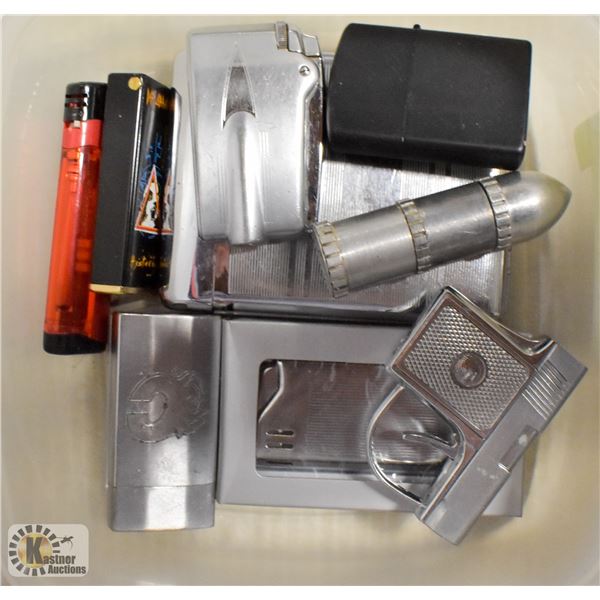 BIN OF COLLECTIBLE LIGHTERS & MORE