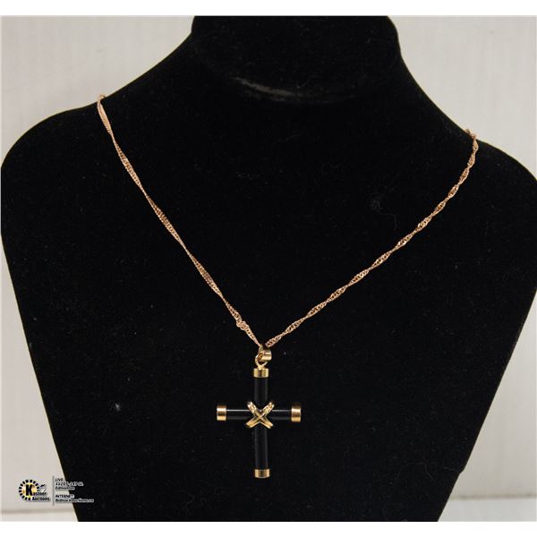 BLACK AND GOLD CROSS ON ROSE GOLD PLATED CHAIN