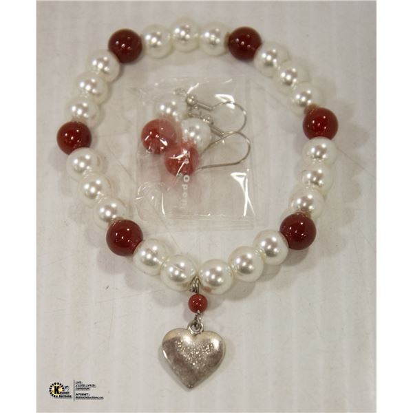 GENUINE CARNELIAN HEART CHARM BRACELET & EARRINGS