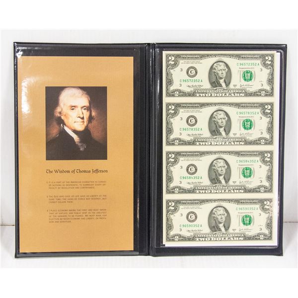 2003 UNCUT SHEET OF 4 USA $2 NOTES UNC.