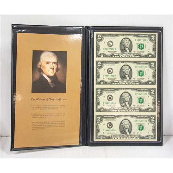 2003 UNCUT SHEET OF 4 USA $2 NOTES UNCIRCULATED