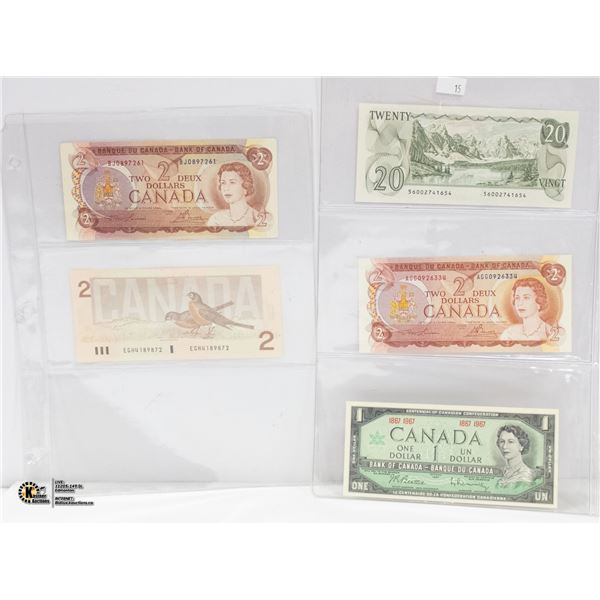 5 OLD CANADA $20-$1 VARIOUS BANK NOTES