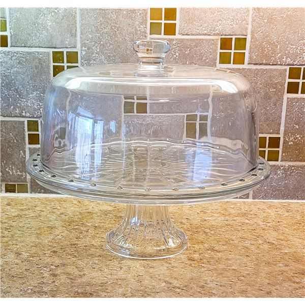 5) CLEAR GLASS CAKE STAND ON PEDESTAL, APPROX 12 