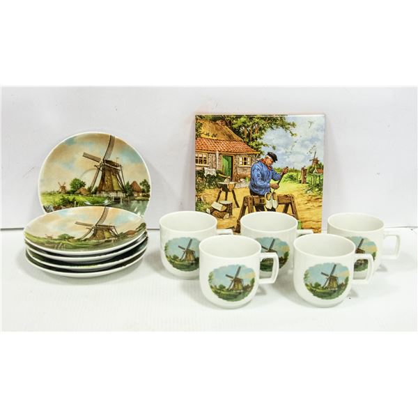 DUTCH CUPS, SAUCERS & HOT PLATE FROM HOLLAND