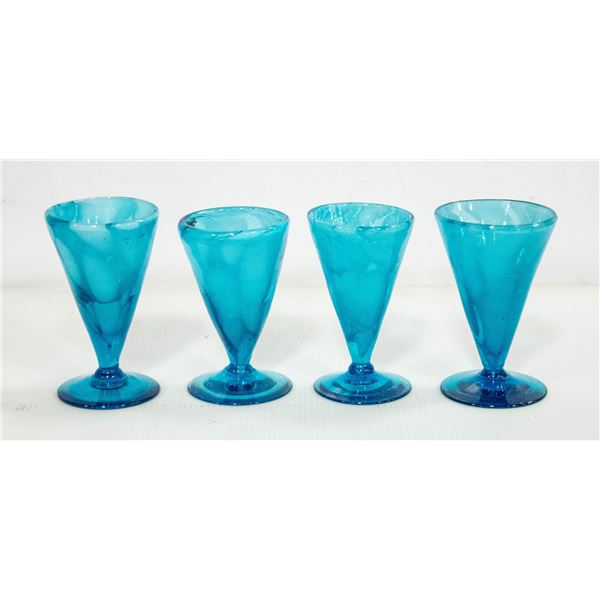 LOT OF 4 BLUE HANDBLOWN GLASSES APPROX 4" TALL