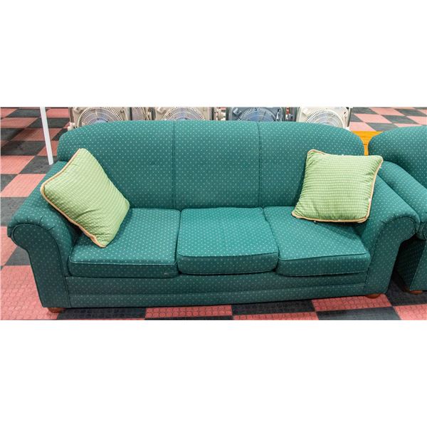 LOT OF 2 GREEN FABRIC SOFAS SOLD WITH 2 ACCENT