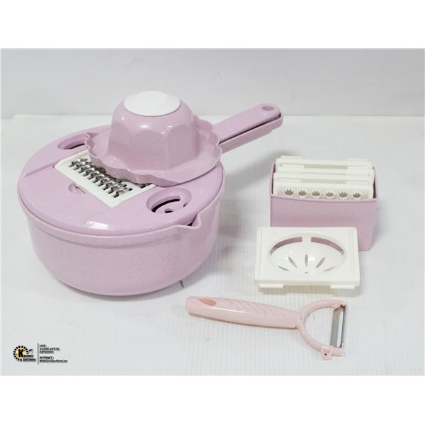 PINK SLICER/DRAINER, HAS 5 CUTTING ATTACHMENTS