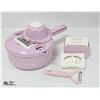 PINK SLICER/DRAINER, HAS 5 CUTTING ATTACHMENTS