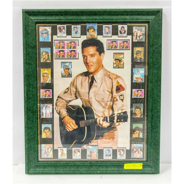 ELVIS PRESLEY PRINT FRAMED WITH 33 ELVIS STAMPS