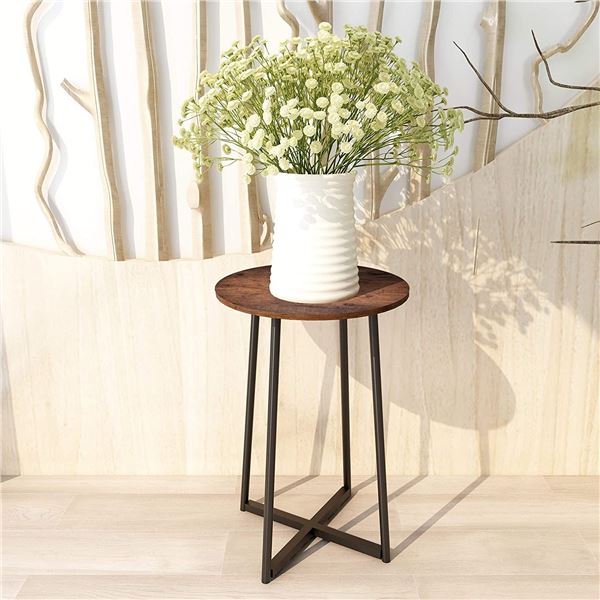 NEW ROUND WOOD GRAIN ACCENT END TABLE, RUSTIC