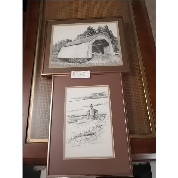 Sketch Prints of Barn and Lighthouse - Artist Unknown