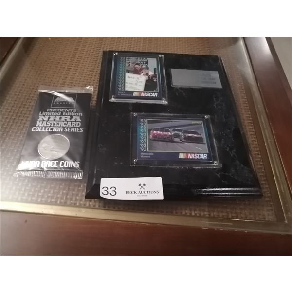 Davey Allison 1987 Rookie of the Year - "Gone But Not Forgotten" Plaque w/ 2 x Cards and NHRA Coin