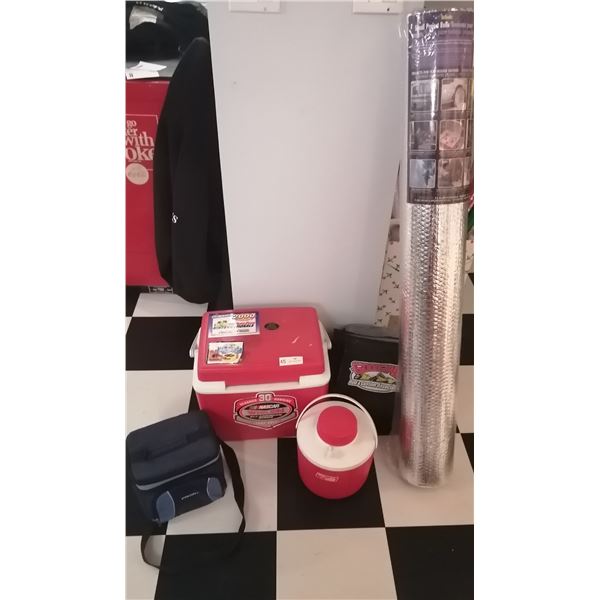 Assortment of Coolers, Drink Container, and Roll of Reflective Insulation