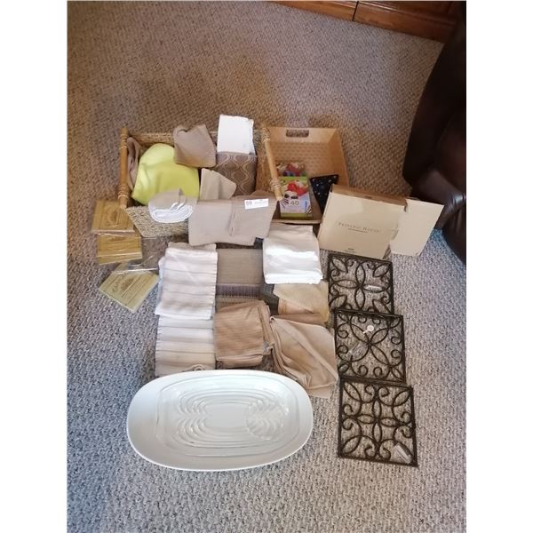 Assorted Place Mats, Dish Cloths, Princess House Wall Hangings, Coasters, 2 x Serving Trays, Basket