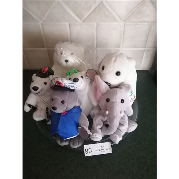 6 x Coca-Cola Stuffed Animals w/ Glass Coca-Cola Plate