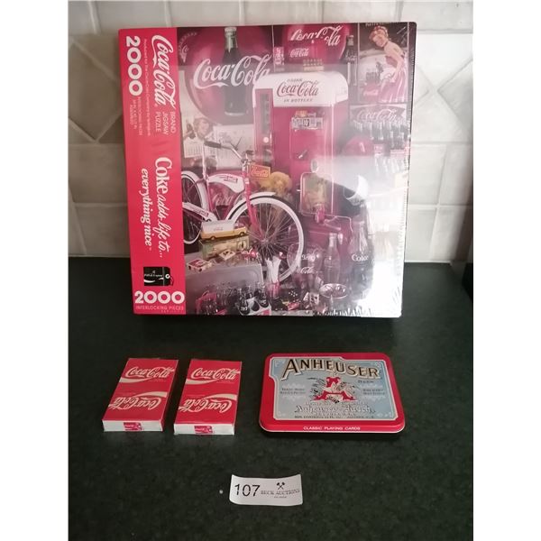 2000 Piece Coca-Cola Jigsaw Puzzle, 2 x Coca-Cola Playing Cards, 2 x Anheuser-Busch Playing Cards