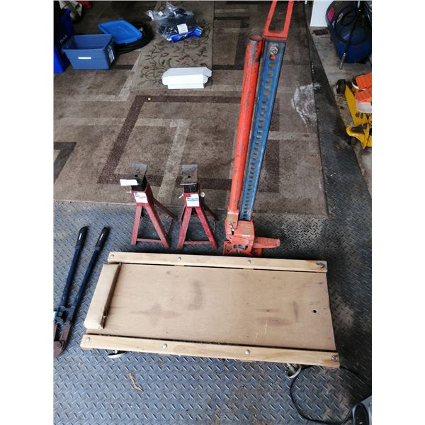 Jackall Jack Mk. II, Mastercraft Bolt Cutters, 2 x Jack Stands, and Mechanic's Creeper