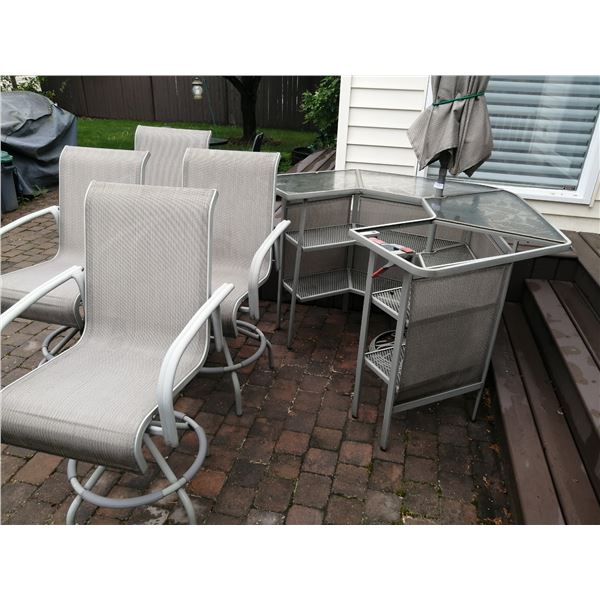 Patio Bar w/ Shelves and Umbrella and 4 x Bar Stools