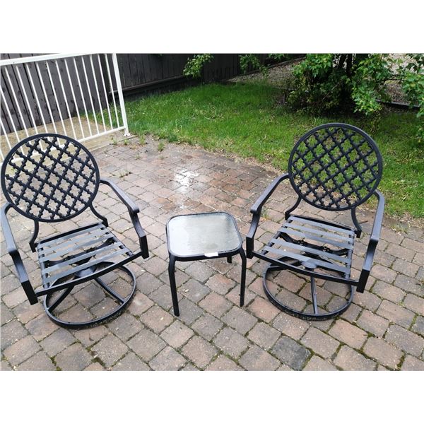 2 x Swiveling Metal Chairs (No Cushions) and Small Glass-Top Side Table