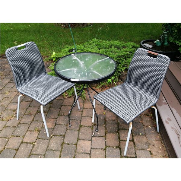 Bistro Set w/ 2 x Wicker-Look Chairs and Glass-Top Table