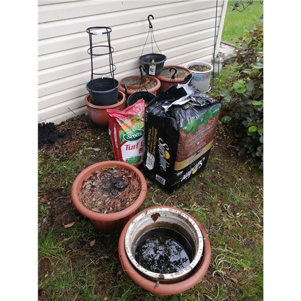 Assorted Planters (Contents Included), 3 Cubic Feet of Sunshine Peat Moss and Bag of Turf Builder