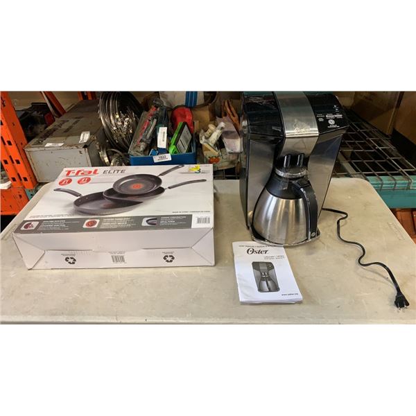 OSTER SCTX SERIES 12 CUP COFFEE MAKER AND SET OF 3 TFAL PANS