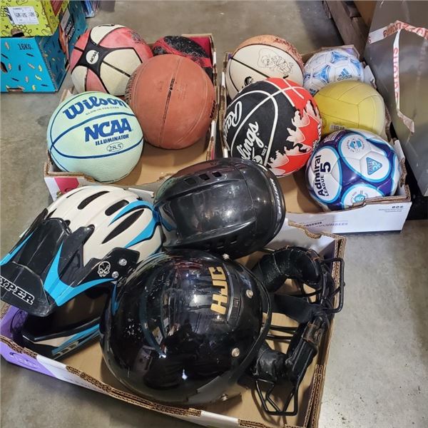 3 TRAYS OF SPORTS BALLS AND HELMETS