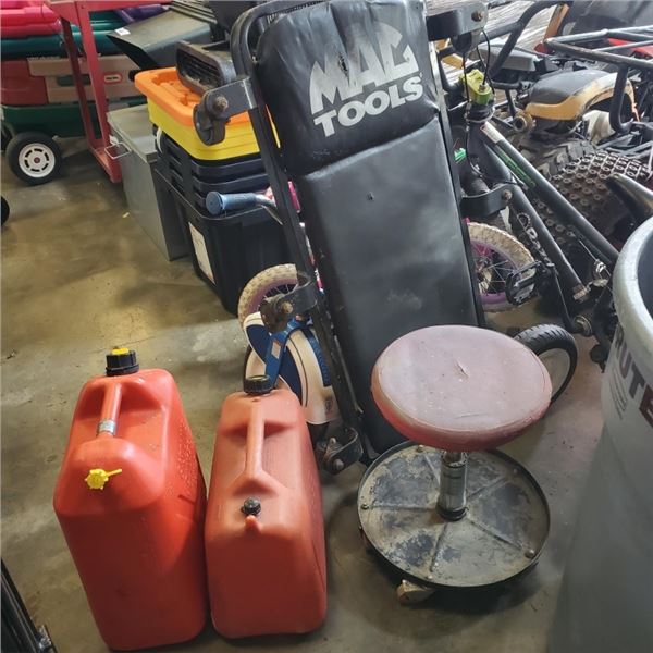 MAC TOOLS SHOP CREEPER AND MECHANICS STOOL AND 2 JERRY CANS