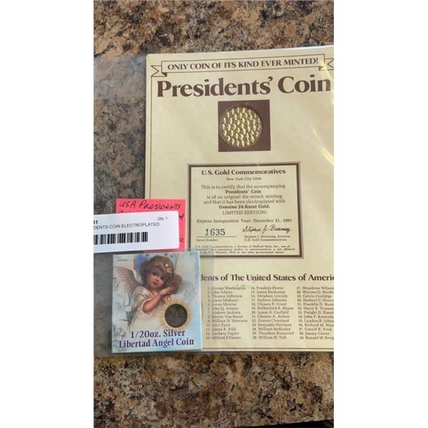 USA PRESIDENTS COIN ELECTROPLATED WITH GENUINE 24K GOLD AND 1/20 OZ SILVER ANGEL COIN