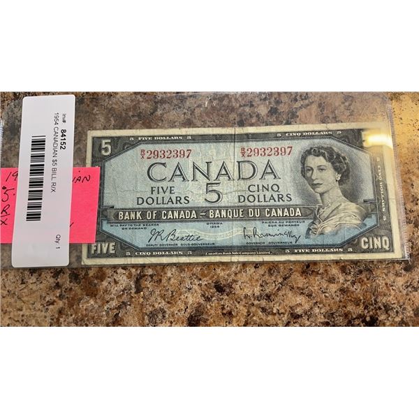 1954 CANADIAN $5 BILL R/X BEATTIE/RASMINKY