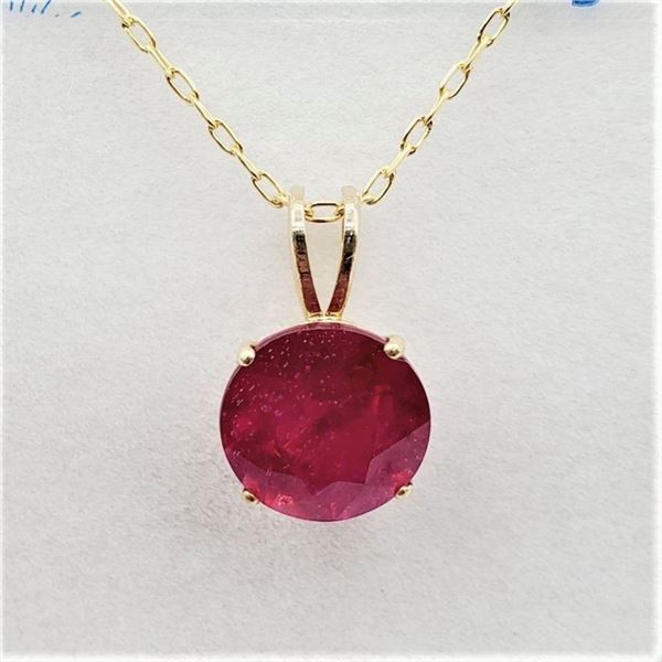 10KT. YELLOW GOLD 8MM X 8MM NATURAL ENHANCED RUBY SOLITAIRE PENDANT WITH STERLING CHAIN, 2.65CTS, W/