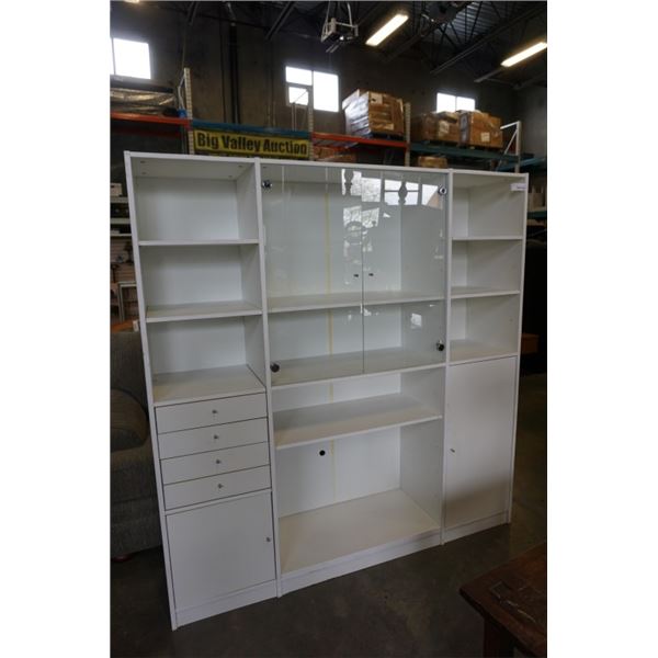 WHITE SHELF UNIT WITH GLASS DOOR CABINET - 69 INCHES TALL, 66 INCHES LONG