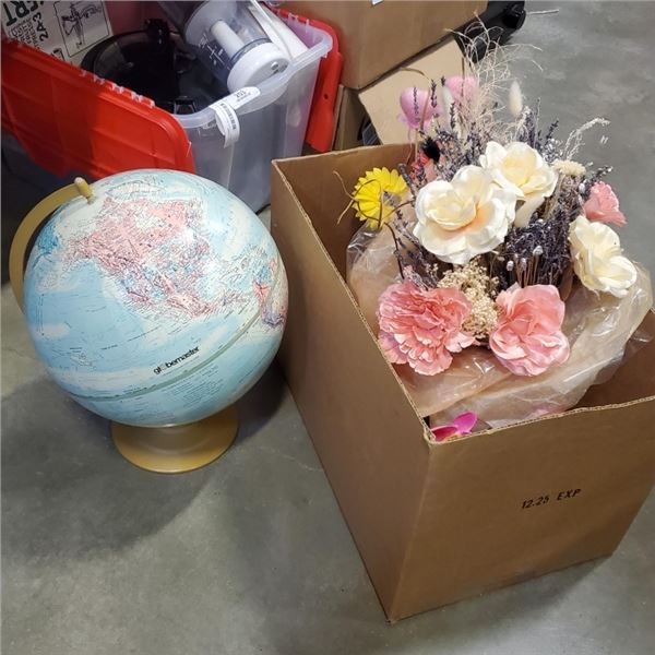 WORLD GLOBE AND BOX OF ARTIFICIAL FLOWERS