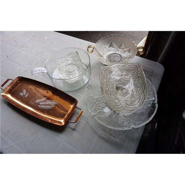 ANTIQUE GLASSWARE AND COPPER SERVING TRAY