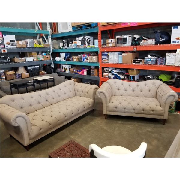 AS NEW HOME ELEGANCE TUFTED ROLLED ARM SOFA  AND LOVE SEAT AS NEW RETAIL - RETAIL $2699