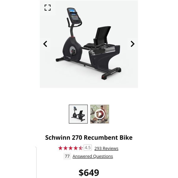 AS NEW SCHWINN 270 RECUMBANT BIKE  - RETAIL$799