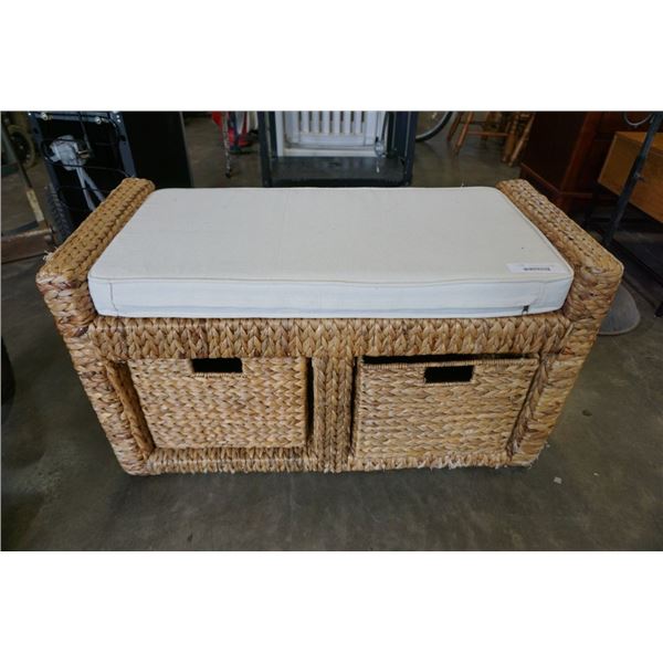 WICKER STORAGE BENCH WITH 2 WICKER BASKET DRAWERS